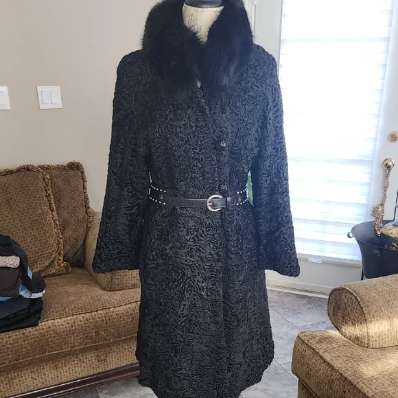 VINTAGE REAL FUR PERSIAN LAMB FOX FUR COLLAR LINED COAT EUC - Picture 1 of 15